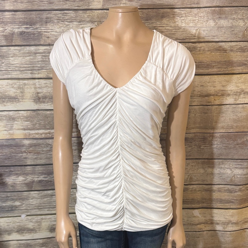 Y2K Express Top L Large White Gathered V‎ Neck Stretch Ruched Short Sleeve